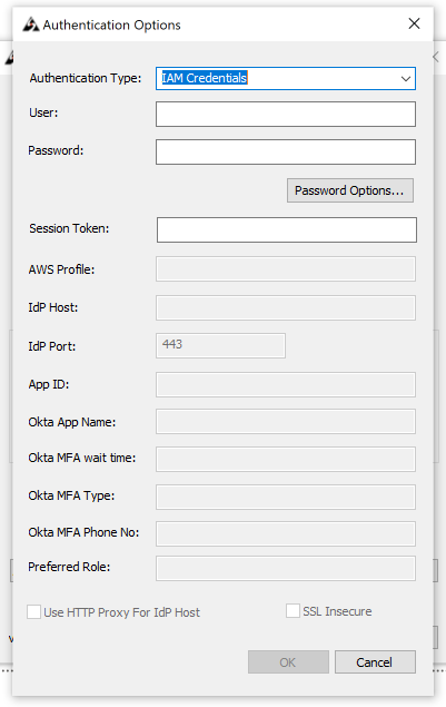 Authentication Options set to IAM Credentials