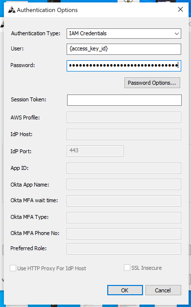 IAM credentials username and password fields