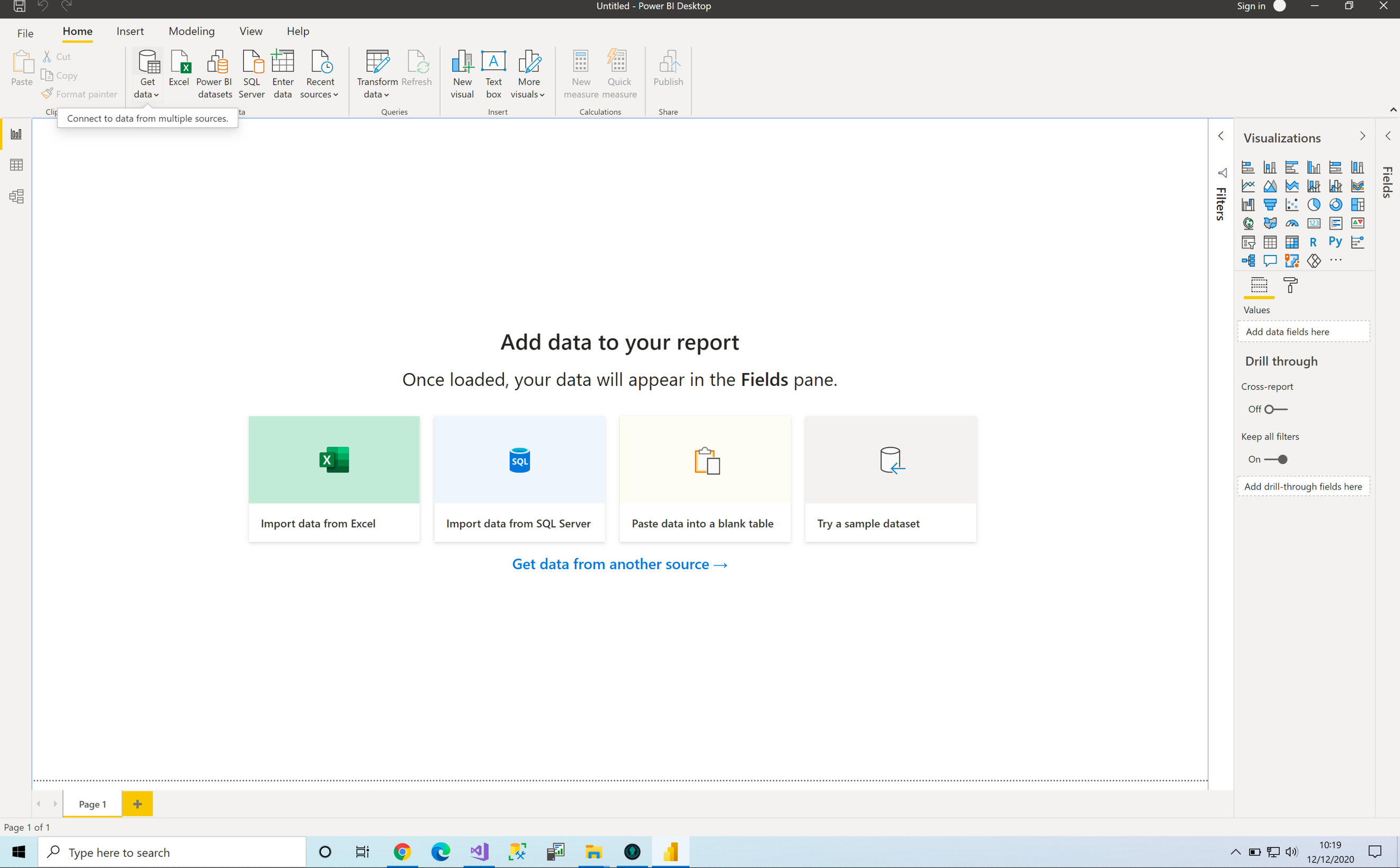 Power BI Desktop home screen