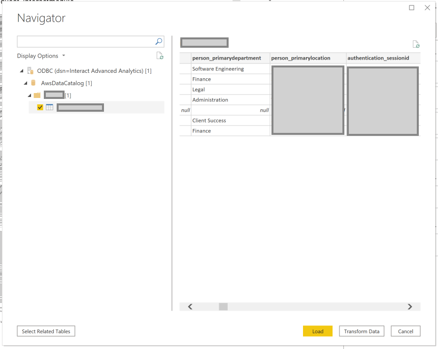 Navigator showing available tables