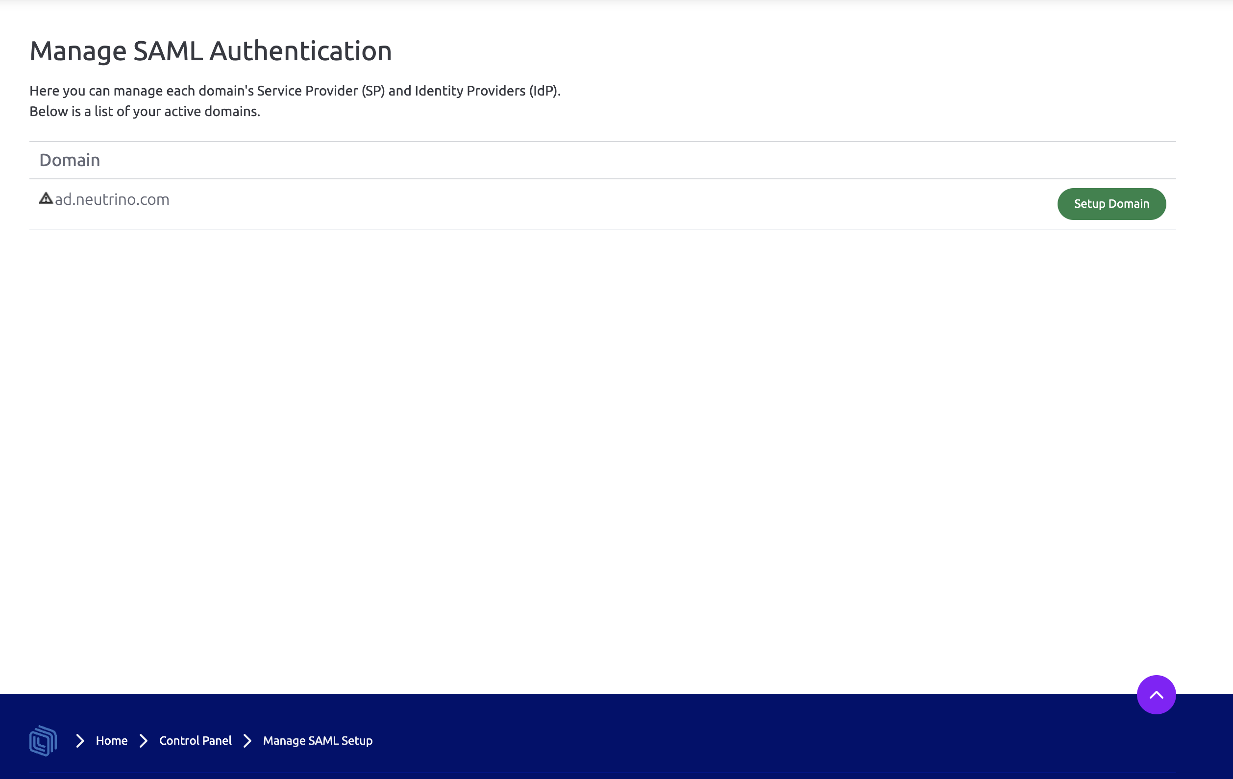 Domain list with Setup Domain option