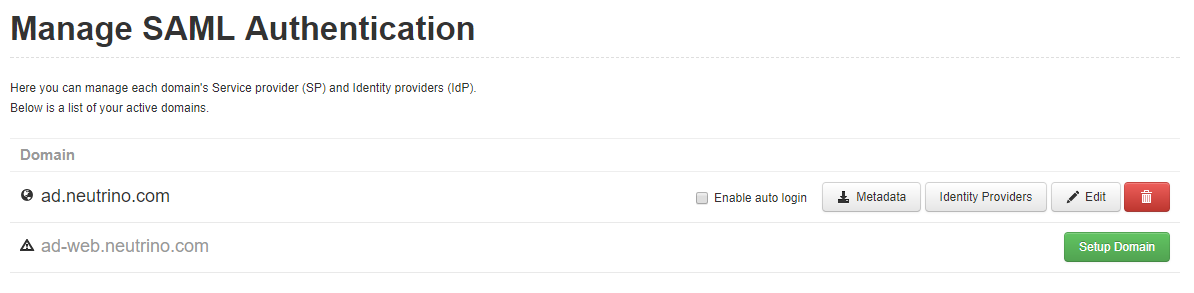 Manage SAML Authentication page