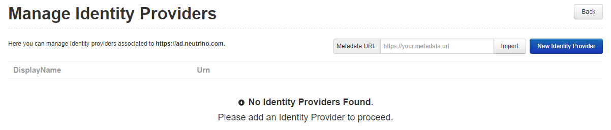 Manage Identity Providers page