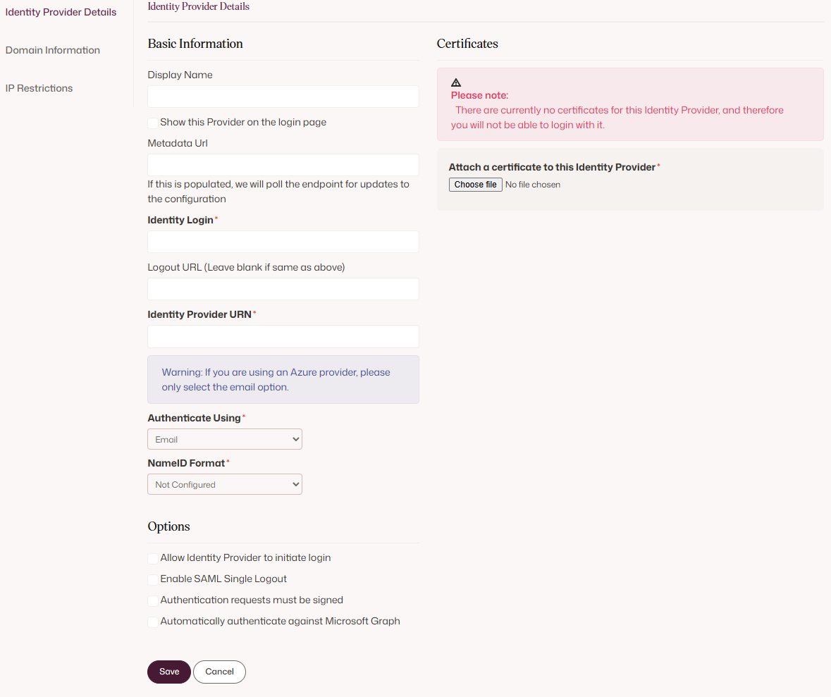 Manual identity provider configuration screen