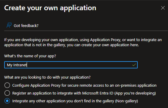Create your own application dialog with a name and the non-gallery option selected