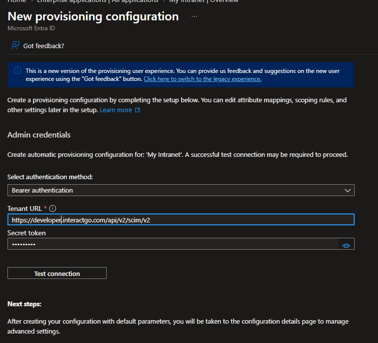 Automatic provisioning form with Tenant URL and Secret Token fields