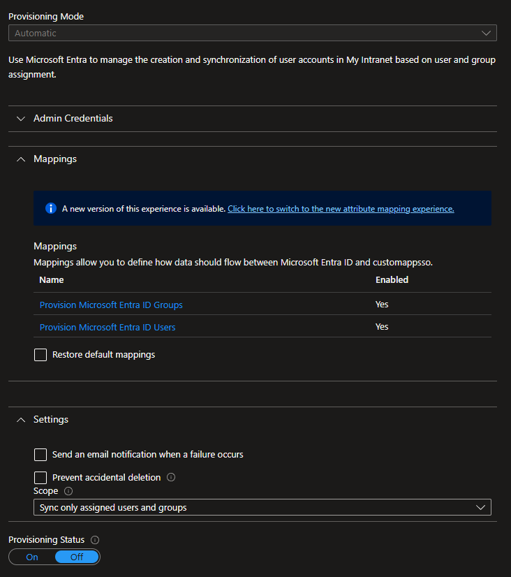 Mappings and Settings sections on the Provisioning screen