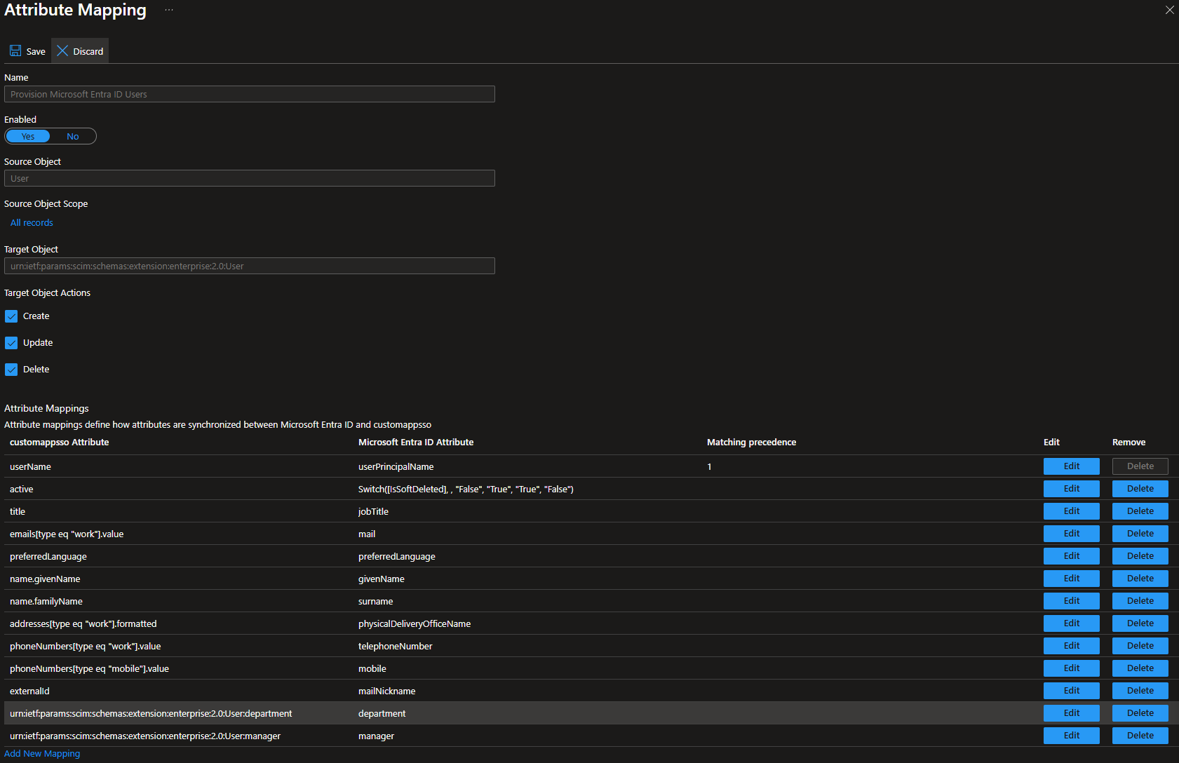 Default user attribute mapping table