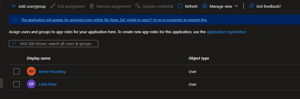 Assigned users and groups table