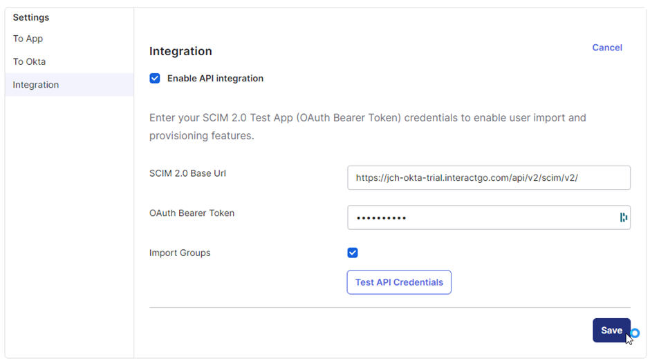 SCIM URL and OAuth token fields