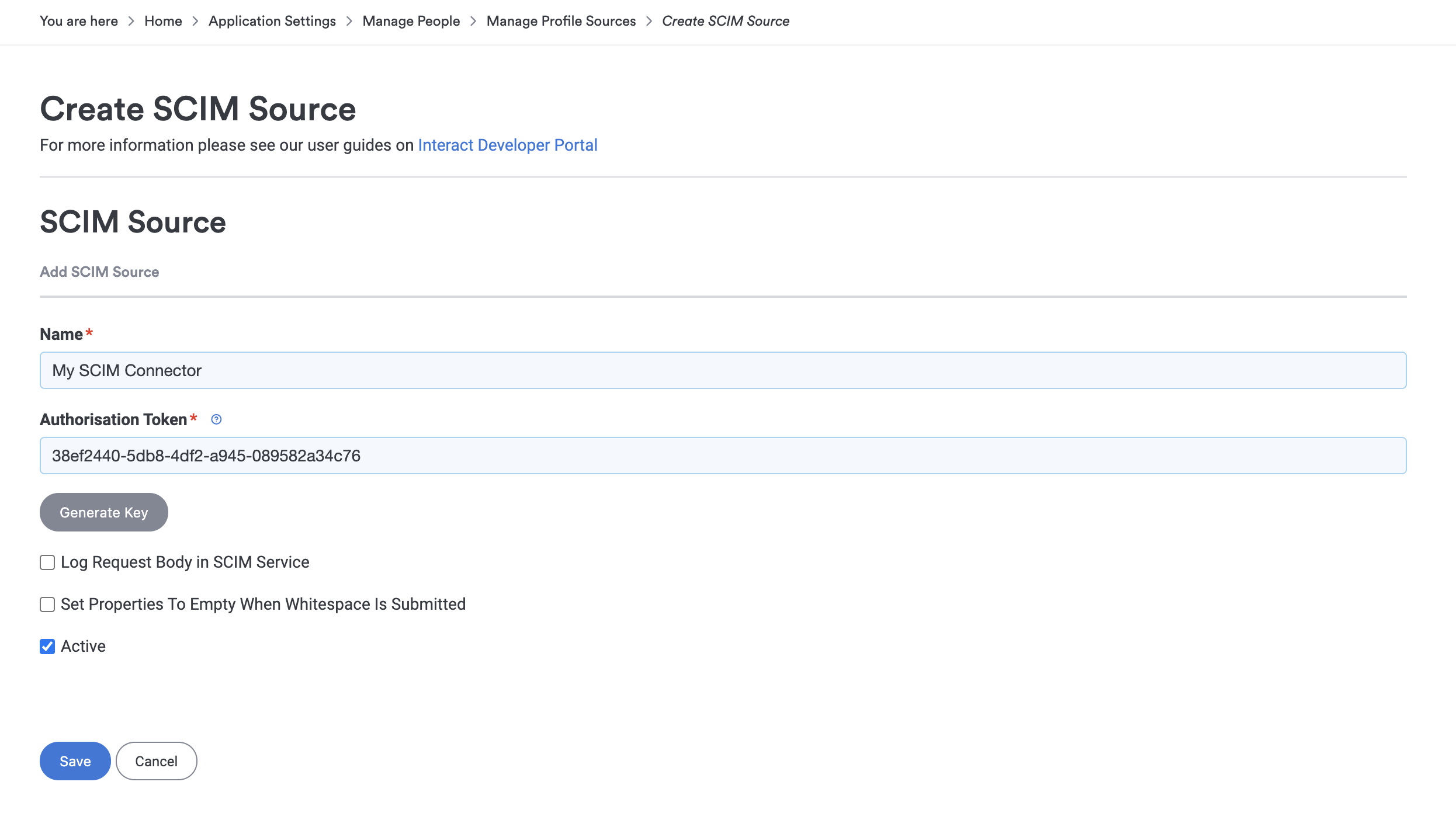 SCIM profile source configuration with Generate Key and Active options