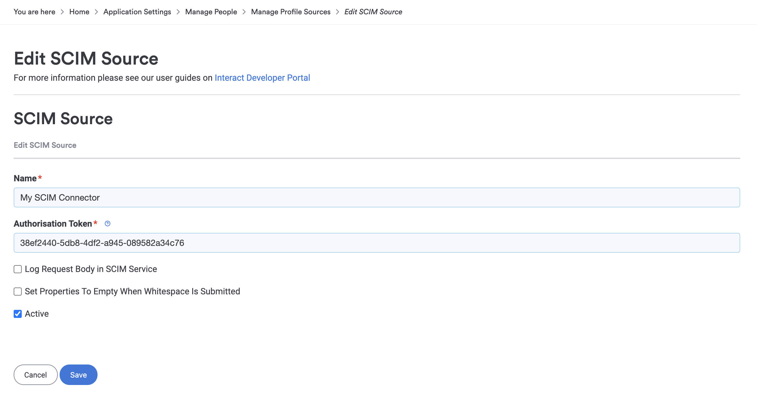 Editing a SCIM profile source to view the Authentication Token and URL suffix
