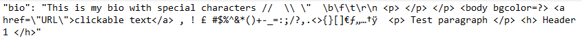 Example of a correctly escaped Bio field value