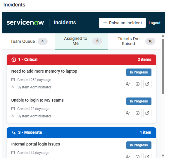 Tickets assigned to the user