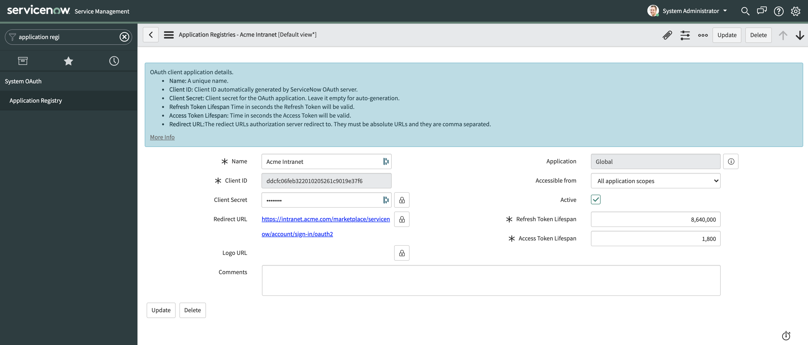 OAuth application configuration