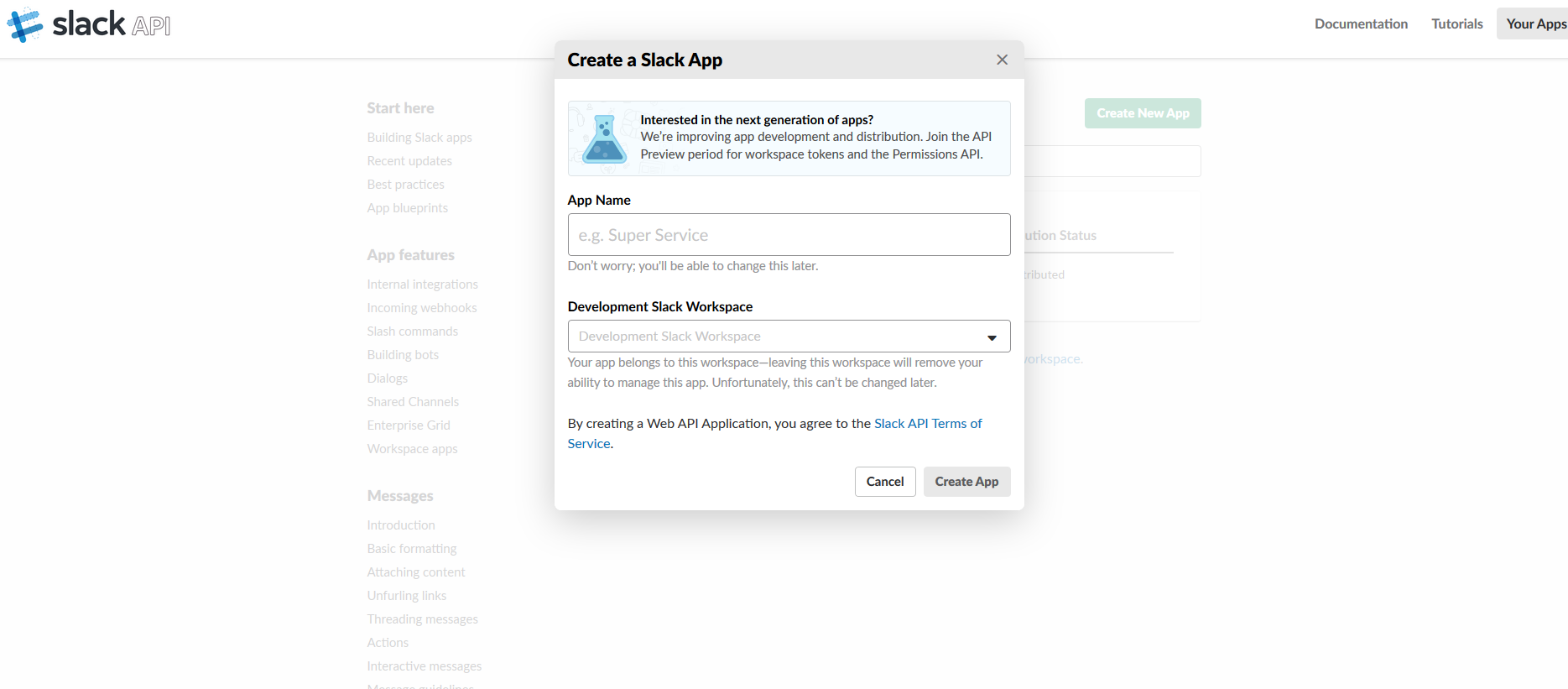 Creating a new Slack app