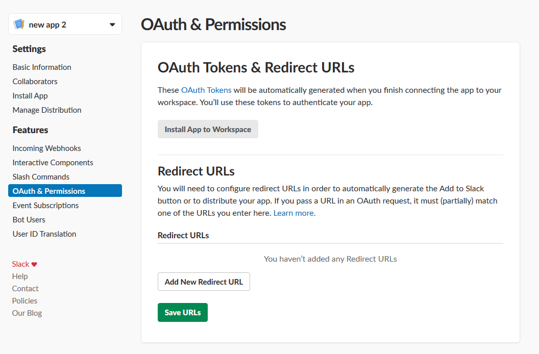 OAuth and Permissions redirect URL