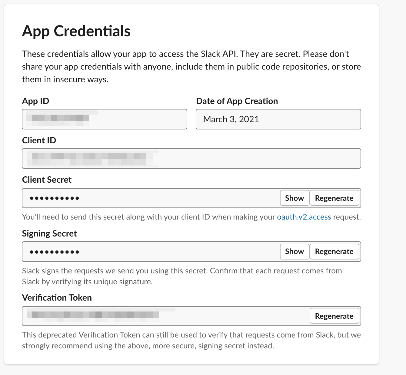 Slack Basic Information showing credentials