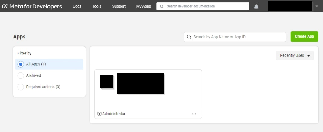 Facebook developer portal apps list