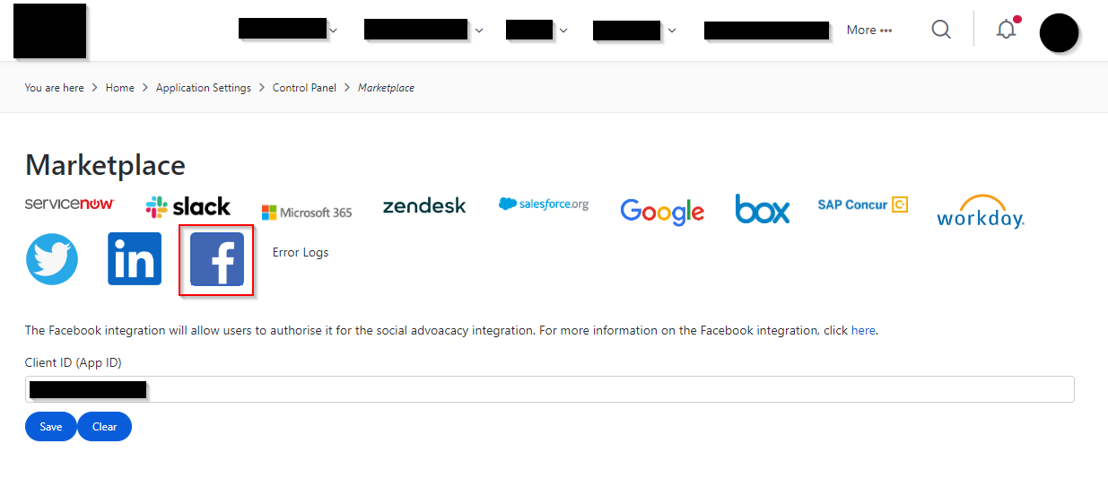 Facebook configuration in the Marketplace
