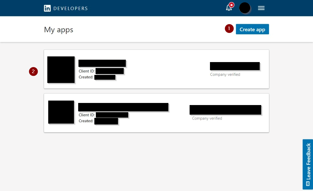 LinkedIn developer apps list