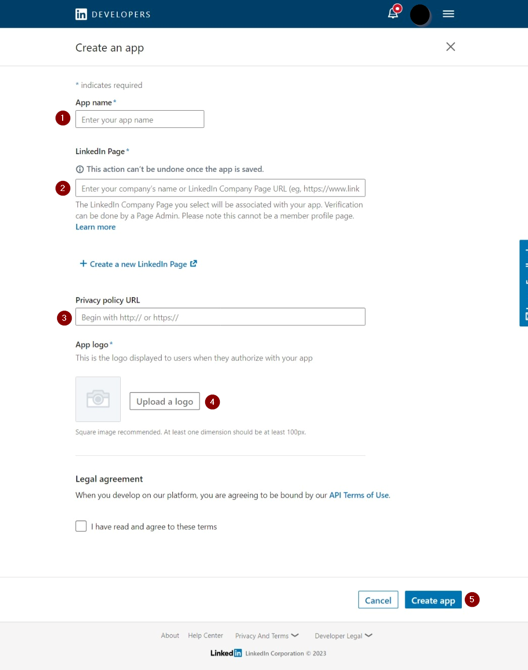 LinkedIn app creation form