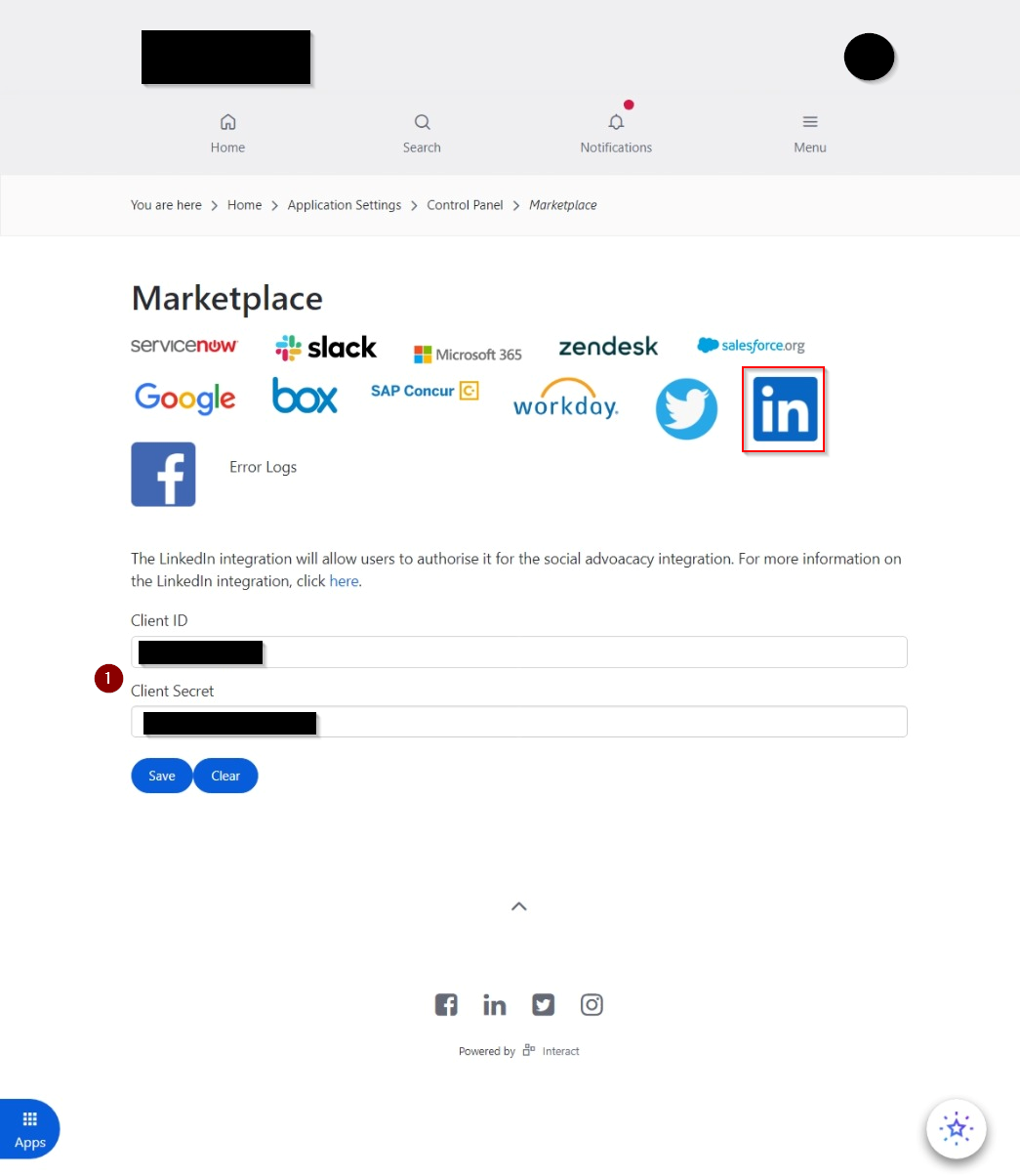 LinkedIn configuration in the Marketplace