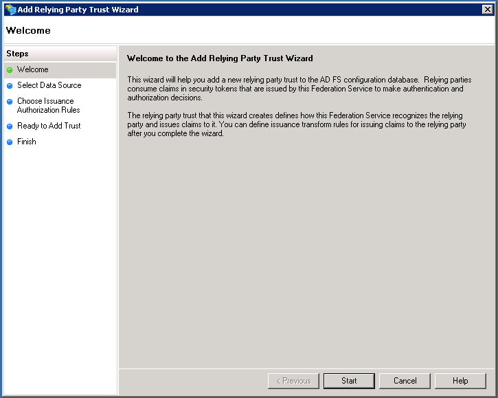 Relying Party Trust wizard start
