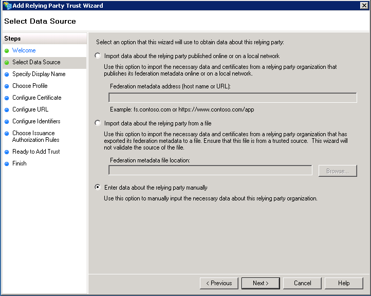 Enter data manually option in ADFS
