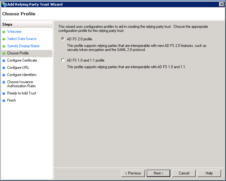 Select ADFS 2.0 profile
