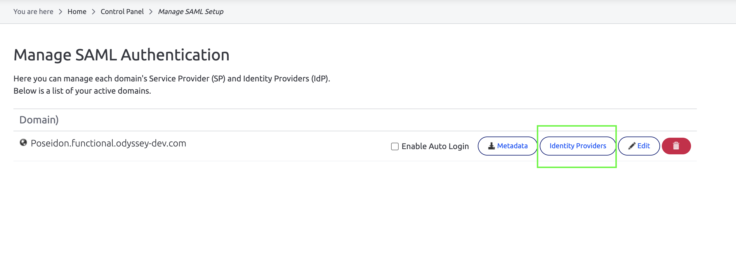 Manage Identity Providers page in Interact