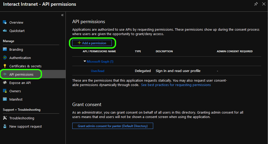 API permissions menu