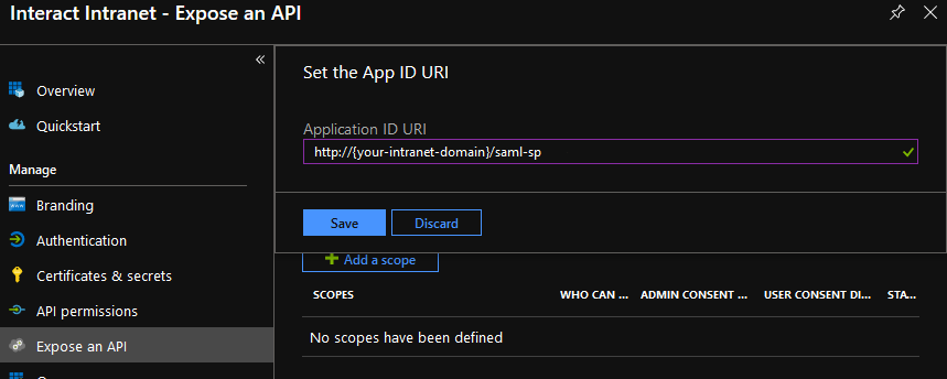 Paste the EntityId into the Application ID URI