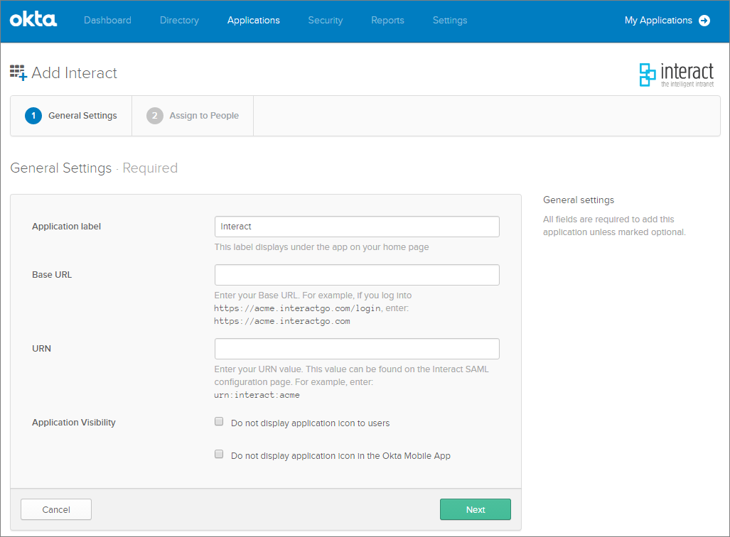 Add Interact application in Okta