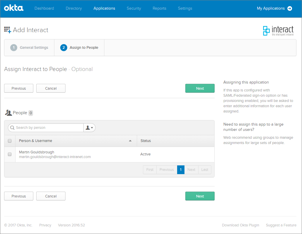 Assign users to the Interact application in Okta