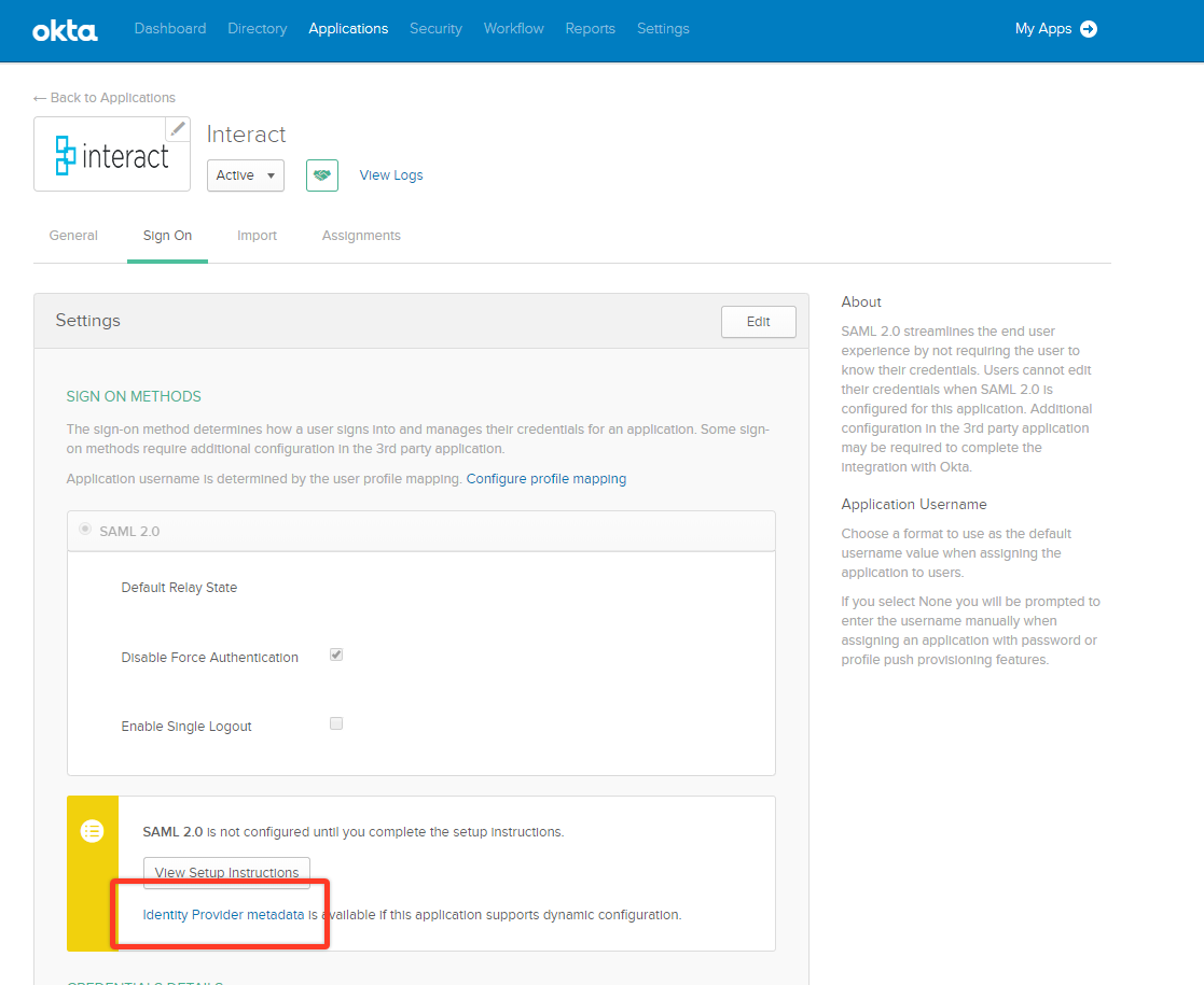 Identity Provider Metadata URL on the Sign On tab in Okta
