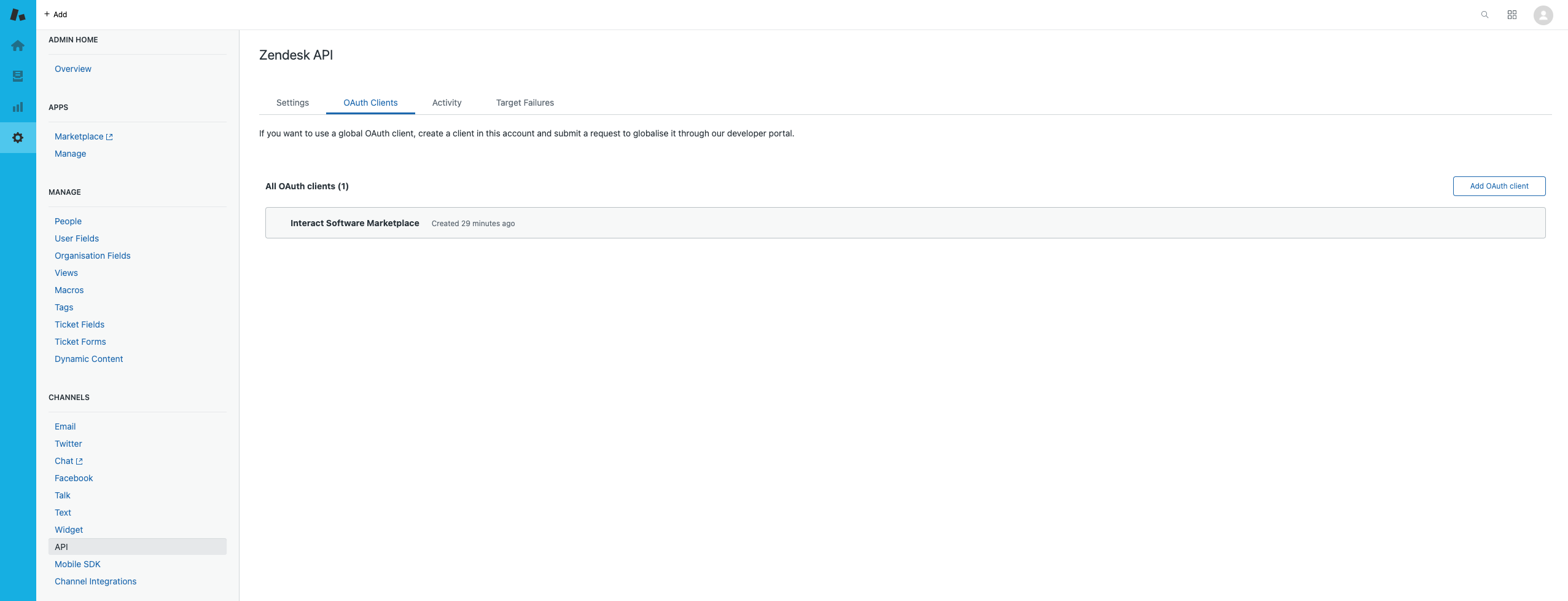 Zendesk OAuth Clients tab