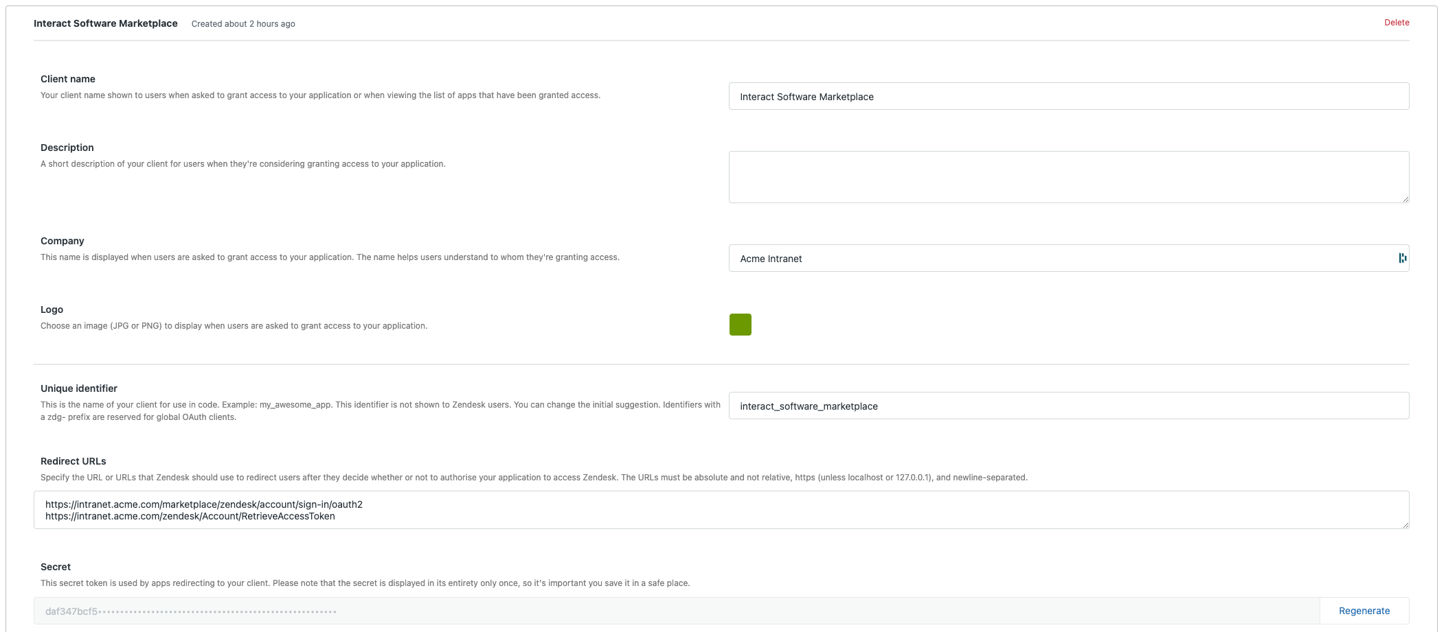 Create new OAuth client view